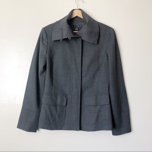 MAG Magaschoni Wool Gray funnel neck button blazer - Picture 1 of 8